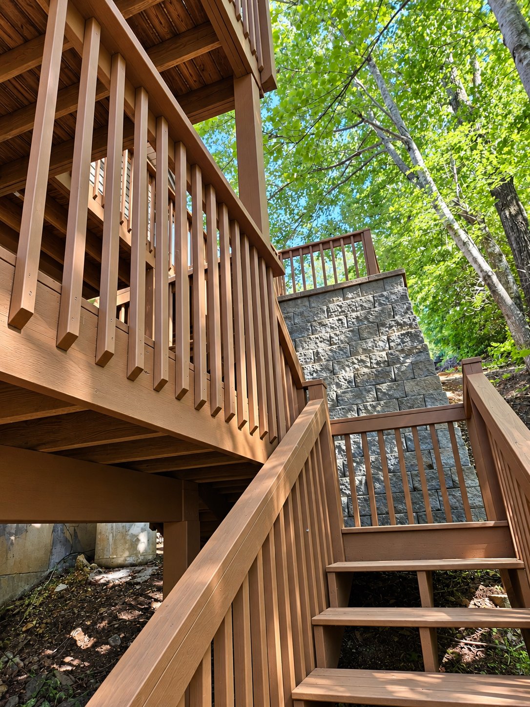 Deck and stairs built against a stone retaining wall on a steep, wooded slope